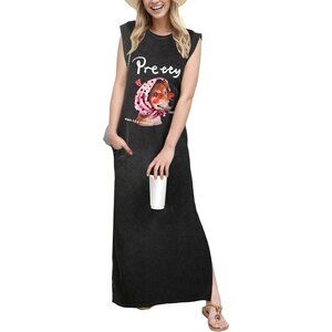 Grecerelle Women Pretty Dog Round Neck Loose Split Wrinkle-Free Long Maxi Dress